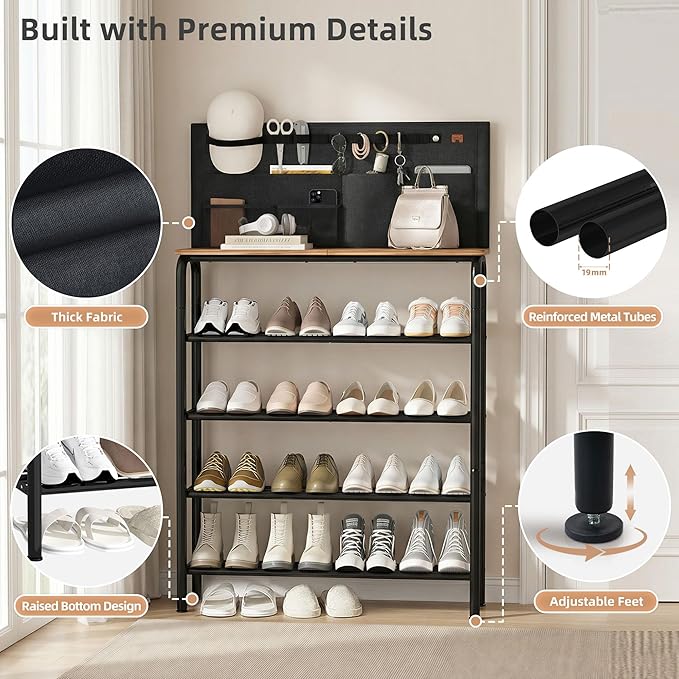 STORAGE MANIAC 5 Tier Shoe Rack for Entryway, Metal Shoe Shelf with Storage Pocket and MDF Top Board, 16-20 Pairs Free Standing Shoes Organizer for Closet, Black