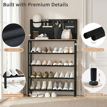 STORAGE MANIAC 5 Tier Shoe Rack for Entryway, Metal Shoe Shelf with Storage Pocket and MDF Top Board, 16-20 Pairs Free Standing Shoes Organizer for Closet, Black