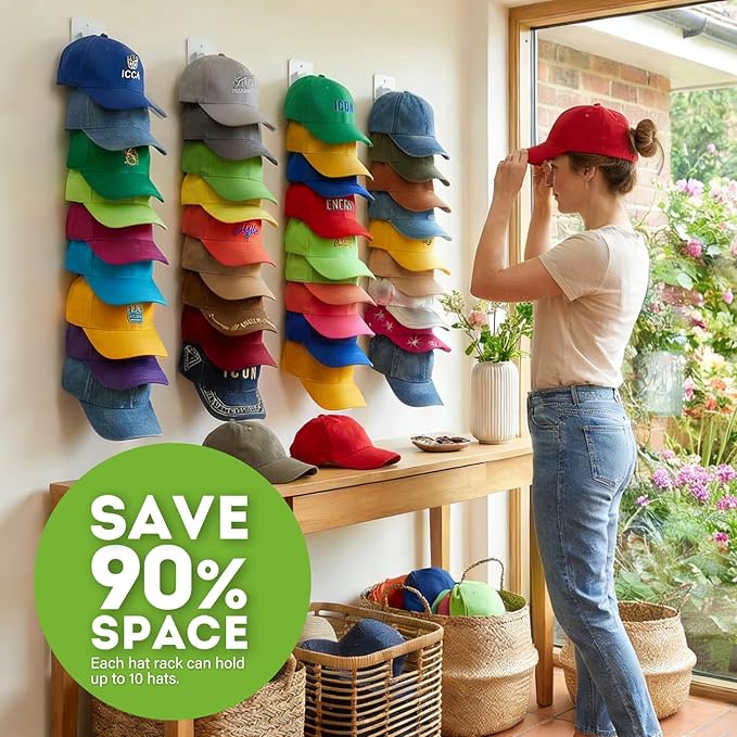 Detachable 2 Pack Hat Hook Organizer for Baseball Caps, Hat Hanger Holder for 20 Caps, Wall Hat Rack with Strong Adhesive, Multilayer Cap Storage Hooks for Closet Door and Bedroom (Style C-White)