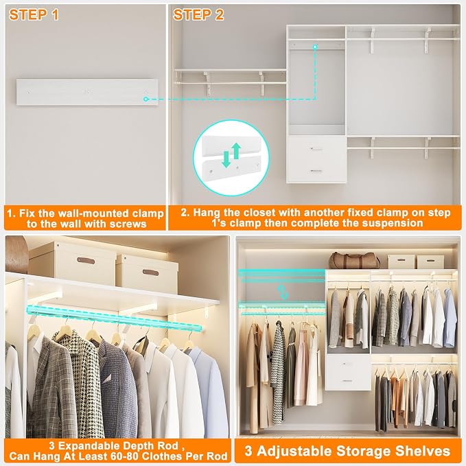 96 Hanging Closet System with 2 Wooden Drawers, 75"–87" Height Adjustable Closet Organizer System with Tower, 4-8FT Custom Closet Shelving System, Wall-Mounted Walk-In Closets Wardrobe, White