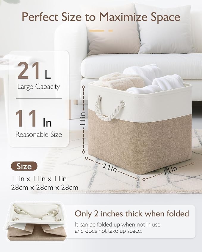 Patvingot 11 Inch Cube Storage Bins, 4 Pack Fabric Storage Cubes with Rope Handles, Organizer Baskets for Closet Shelves, Clothes and Home Organization(White/Khaki)