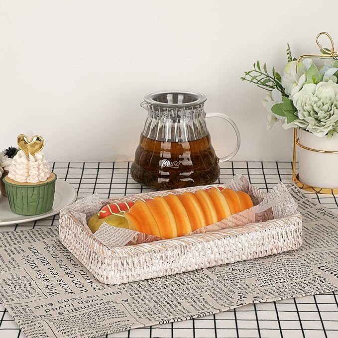 Sumnacon 10 Inch Rattan Bathroom Vanity Tray - Decorative Wicker Toilet Tank Tray for Paper Hand Towel, Vintage Storage Basket Bin for Bathroom Kitchen Toilet Tank Vanity Countertop Table Shelf White