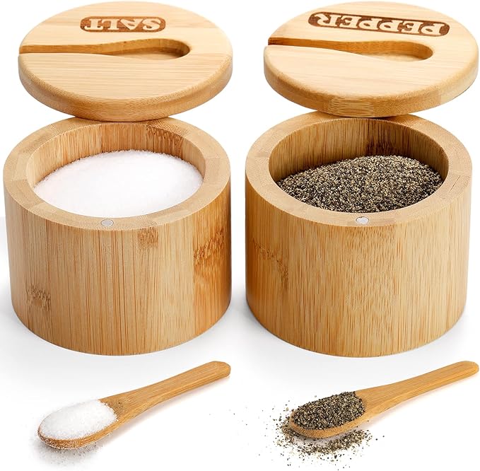 Lawei 2 Pack Bamboo Salt and Pepper Bowls, Round Salt Container with Magnetic Swivel Lids and Spoons, Bamboo Salt Cellars, Seasoning Storage Holder Box for Salt, Pepper, Sugar, Spice