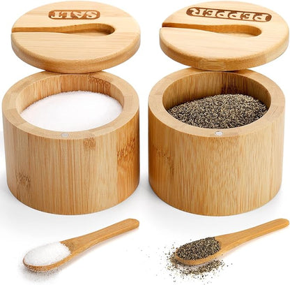 Lawei 2 Pack Bamboo Salt and Pepper Bowls, Round Salt Container with Magnetic Swivel Lids and Spoons, Bamboo Salt Cellars, Seasoning Storage Holder Box for Salt, Pepper, Sugar, Spice