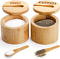 Lawei 2 Pack Bamboo Salt and Pepper Bowls, Round Salt Container with Magnetic Swivel Lids and Spoons, Bamboo Salt Cellars, Seasoning Storage Holder Box for Salt, Pepper, Sugar, Spice