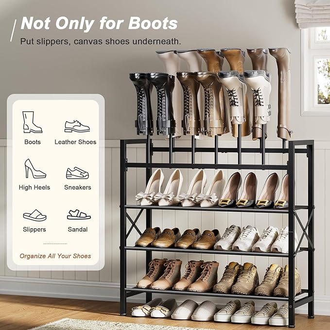 Free Standing Shoe Racks, 5-Tier Boot Rack Organizer for Tall Boots, Sneakers, High-Heel, Black Metal Shoe Storage for Dorm Room, Closet, Entryway, Hallway, Black, Holds 6 Pairs