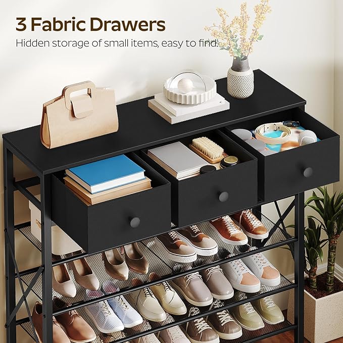 YATINEY 5-Tier Shoe Rack with 3 Drawers, Metal Shoe Organizer for 20 Pairs with Storage Shelves and Wooden Top, for Entryway, Hallway, Foyer, Closet, Black SS35BB