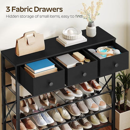 YATINEY 5-Tier Shoe Rack with 3 Drawers, Metal Shoe Organizer for 20 Pairs with Storage Shelves and Wooden Top, for Entryway, Hallway, Foyer, Closet, Black SS35BB