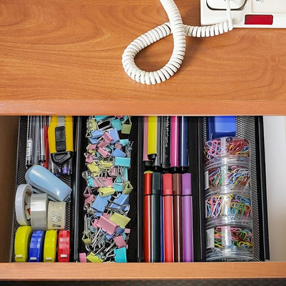 4PCS Drawer Organizer for Kitchen,Utensil Mesh Drawer Organizer with Interlocking Arm for Cosmetic,Flatware,Pen (9 * 3 * 2 Inches,Black)