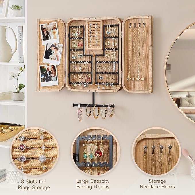 Pinzoveco Hanging Jewelry Organizer, Wall Mounted Jewelry Organizer for Earring Holder Organizer, Jewelry Cabinet Holder Jewelry Storage Box for Earrings, Necklaces, Bracelets, Ring Holder