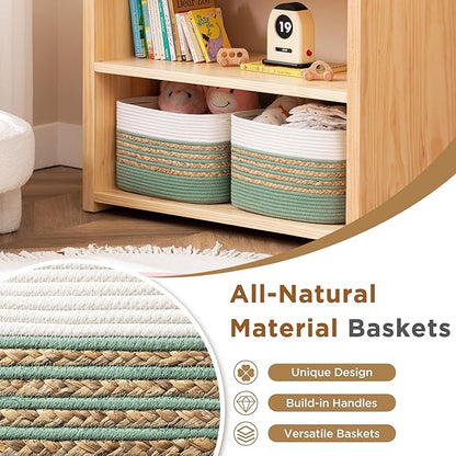 UBBCARE 4 Pack Baskets for Organizing, Woven Storage Baskets for Toys and Towel, Rectangle Cotton Rope Basket with Handles, 14''L x 8''W x9''H, Green