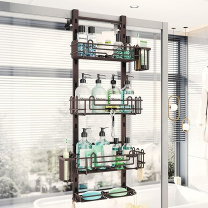 HapiRm 4 Tier Over the Door Shower Caddy, Hanging Shower Caddy with 22 Hooks and 2 Toothbrush Holders, No Drilling Adjustable Hanging Bathroom Organizer - Bronze