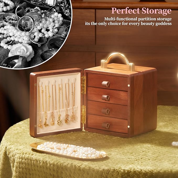 Wooden Jewelry Box for Women Walnut Wooden Jewelry Box with handle 4-Tier Jewelry Organizer for Rings, Necklaces