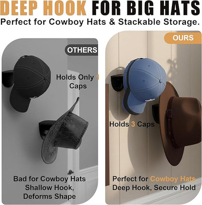 Adhesive Hat Hooks for Wall, 8 Pack, 2.9" Cowboy Hat Rack Prevents Deformation, Hat Hangers with Key Hook for Baseball Caps & Fedora, Drill or Stick, Western Decor Organizer, Black