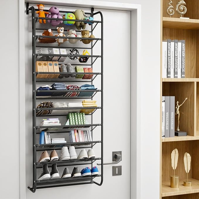 AQQHSAIN 10 Tier Over The Door Shoe Organizer Wall Shoe Shelf Shoe Holder Door Shoe Rack for Closet Pantry Hanging Shoes Clothes Toys Storage Shelves (Black)