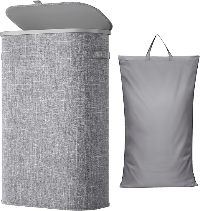 Lifewit Slim Laundry Basket with Lid, Narrow Large Laundry Hamper with Plastic Handles and Removable Bag, Tall Foldable Dirty Clothes Hampers for Laundry Room, Bedroom, Bathroom, Dorm, 65L Gray