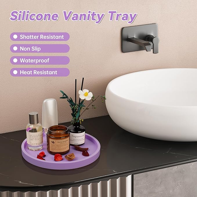NiHome Thickened Silicone Vanity Organizer Tray for Bathroom Accessories, Kitchen Countertop, Living Room Decor, Multipurpose Shatter-Resistant Round Tray Decor for Candle,Perfume,Soap,Plant (Purple)