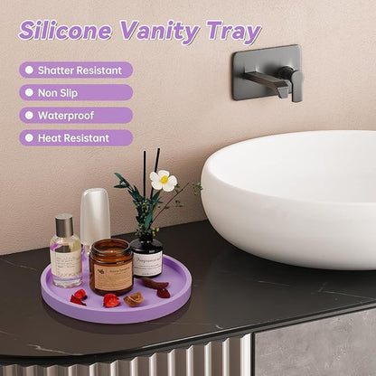 NiHome Thickened Silicone Vanity Organizer Tray for Bathroom Accessories, Kitchen Countertop, Living Room Decor, Multipurpose Shatter-Resistant Round Tray Decor for Candle,Perfume,Soap,Plant (Purple)