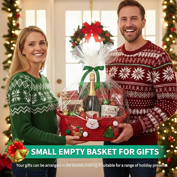 ShellKingdom Storage Basket with Handles, Empty Gift Basket with Gift Bags and Ribbon for Christmas, Small Woven Baskets for Home, Nursery Storage Organizer, 12 X 8 X 5 INCH, Christmas Red