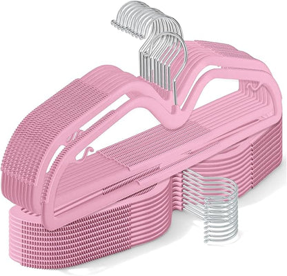 LemonRoad 50 Pack Short Neck Hangers, Upgraded Non-Slip Plastic Hangers Lifts Clothes 3" Higher, Space Saving 360 Swivel Hook for Closet Organizer, Shirts Jackets Dresses, Smooth (Rose Pink)