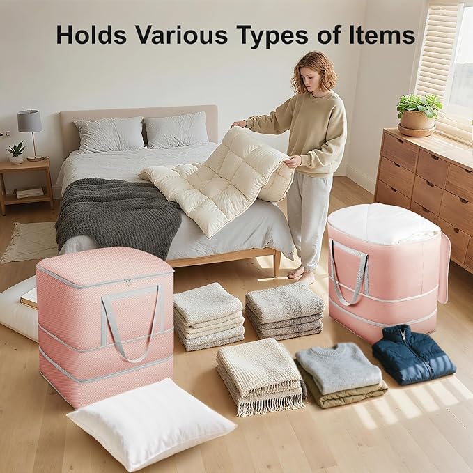 Comforter Storage Bag - 120L Bedding Storage Bags for Moving Closet, Washable Blanket Storage Bag, Ultra Space Saving Self Compression Organizer, 4-Pack, Pink
