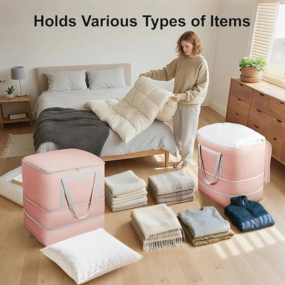 Comforter Storage Bag - 120L Bedding Storage Bags for Moving Closet, Washable Blanket Storage Bag, Ultra Space Saving Self Compression Organizer, 4-Pack, Pink
