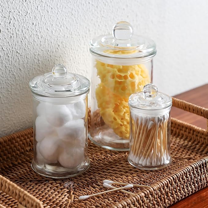 Glass Apothecary Jars with Lids – Set of 3 Clear Bathroom Storage Containers for Cotton Balls, Swabs & Accessories, Decorative Vanity Organizer