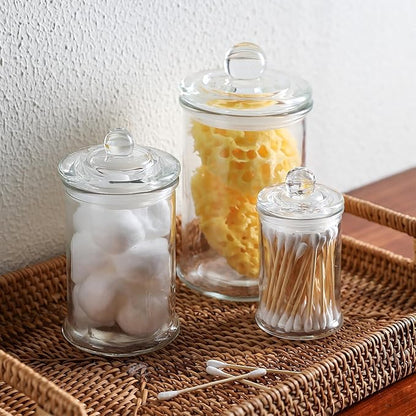 Glass Apothecary Jars with Lids – Set of 3 Clear Bathroom Storage Containers for Cotton Balls, Swabs & Accessories, Decorative Vanity Organizer