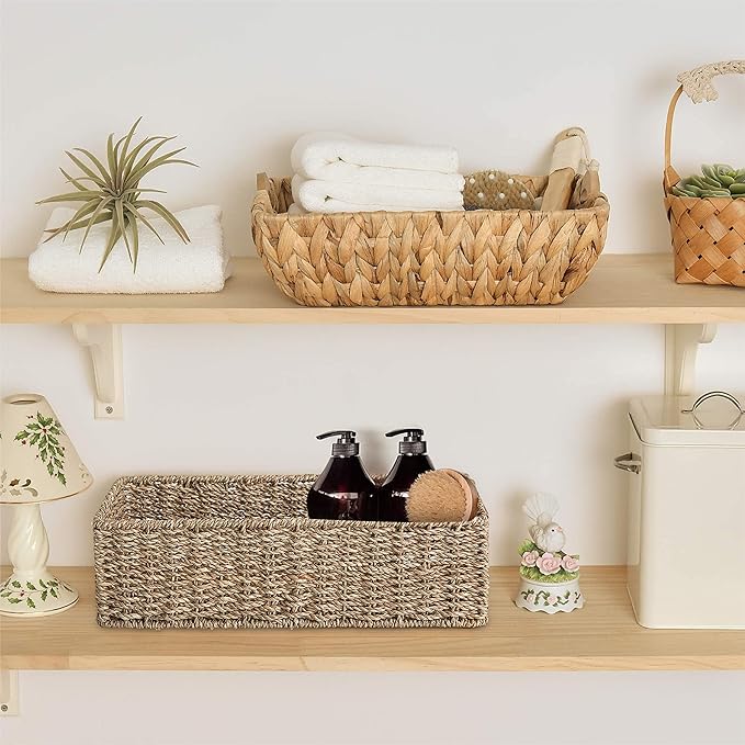 2-Pack Handwoven Water Hyacinth Storage Baskets, Wicker Bins for Pantry Organization, Shelf or Closet Organizer, Decorative Boho Rectangular Basket 15.7" x 6.7"