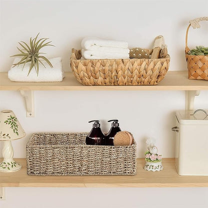 2-Pack Handwoven Water Hyacinth Storage Baskets, Wicker Bins for Pantry Organization, Shelf or Closet Organizer, Decorative Boho Rectangular Basket 15.7" x 6.7"