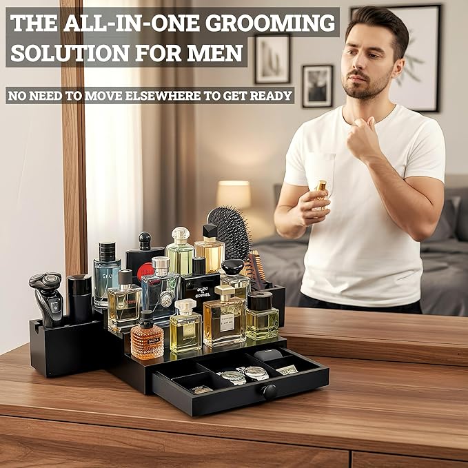 Wooden Cologne Organizer for Men 3 Tier | Black Perfume Holder Shelf for Dresser | High Grade Velvet Lining and Stylish Gift Box | Uncluttered Design Perfume Display Stand