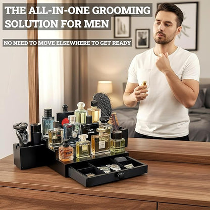 Wooden Cologne Organizer for Men 3 Tier | Black Perfume Holder Shelf for Dresser | High Grade Velvet Lining and Stylish Gift Box | Uncluttered Design Perfume Display Stand