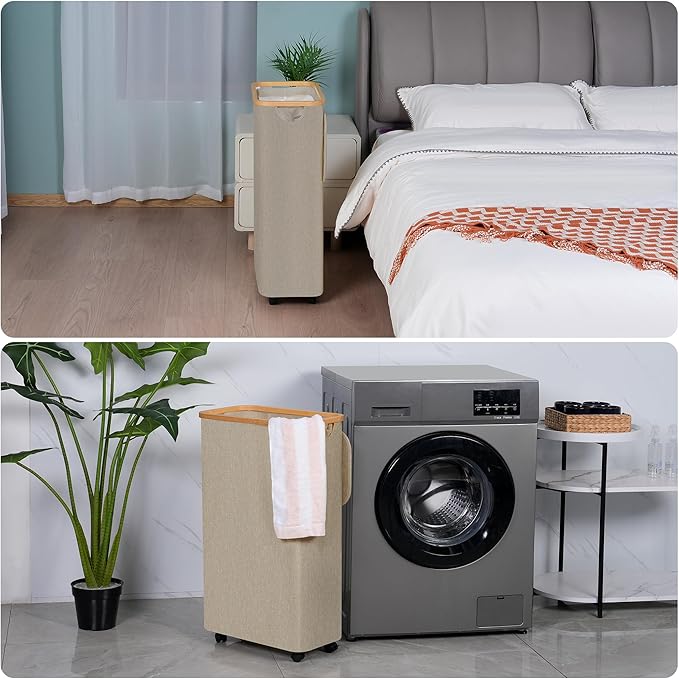 efluky Slim Laundry Hamper with Wheels, Narrow Laundry Basket with Lid and Removable Bag, Aesthetic Dirty Clothes Hamper on Wheels for Laundry Room, Bedroom, Dorm and Bathroom, 75L Beige