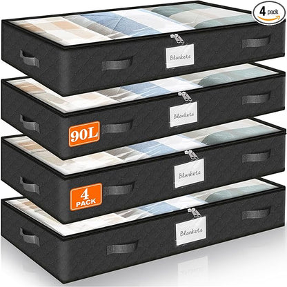 SpaceWhisper 90L Under Bed Storage Containers, 4-Pack Storage Bins with Clear Top, Foldable Closet Organizers and Storage with Label Holder for Clothing, Blankets, Comforter & Pillows(Black)