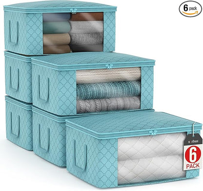Sorbus Medium Clothes Storage Bags - Foldable Blanket Storage Bins for Organizing Bedroom, Closet, Clothing, Comforter, Organization with Clear Window, Lids and Carry Handles - Set of 6