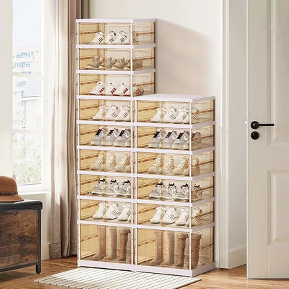 SYNCVIBE Shoe Rack Organizer for Closet Entryway Foldable Sneaker Storage Shoe, Collapsible Shoe Cabinet, Stackable Shoe Storage Cabinet with Lids for Living Room (9 Tiers -18 Pairs Transparent)