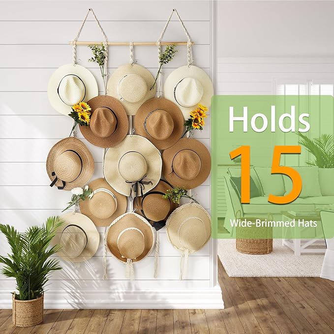 Macrame Hat Rack for Wall 31x66 in Hat Organizer with 15 Clips Hanging Hat Hanger Holder for Women Wide Brimmed Hat Storage for Fedora Boho Decorative Display