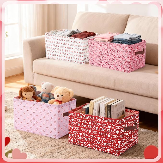 Boao 4 Pack Valentines Day Storage Baskets for Gifts Empty Collapsible Valentines Laundry Storage Bins with Handles Decorative Shelf Baskets Boxes for Home Bedroom Office Clothes Toys Containers