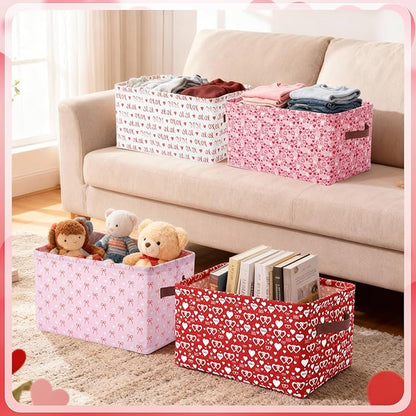 Boao 4 Pack Valentines Day Storage Baskets for Gifts Empty Collapsible Valentines Laundry Storage Bins with Handles Decorative Shelf Baskets Boxes for Home Bedroom Office Clothes Toys Containers