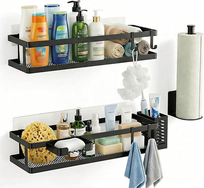 PUSDON 5-in-1 16.5" Extra Long Kitchen Organizer & Shower Caddy Set, Wall Mount Spice Rack with Paper Towel Holder, Utensil Holder & Soap Dish, Rustproof Mesh - Matte Black, Guardrail