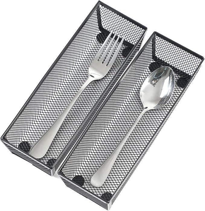 BYCY Silverware Drawer Organizer, Mesh Utensil Organizer for Kitchen Storage, Black Steel Metal Mesh Tray for Flatware Fork Spoon Knife… (9 * 3-5P-Black)
