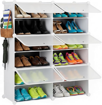 HealSmart Shoe Rack Organizer with Door, Shoe Storage Cabinet, Stackable Plastic Shelves for Closet, Entryway, Hallway, Bedroom, 6-Tier 24-Pair, White