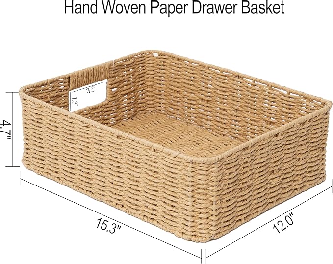 Drawer basket Handwoven Paper Rope Rectangular Shallow Basket Storage-15.35X12.01X4.72 Inches (Light brown)