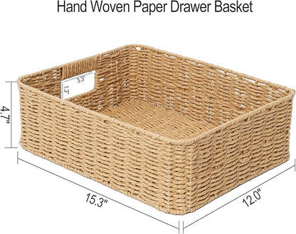 Drawer basket Handwoven Paper Rope Rectangular Shallow Basket Storage-15.35X12.01X4.72 Inches (Light brown)