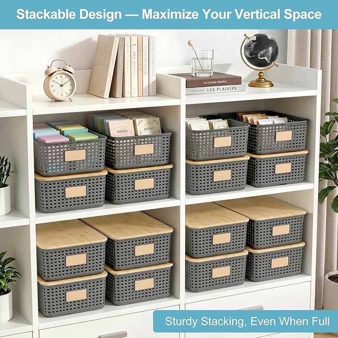 Bagnizer 4 Pack Plastic Storage Bins with Bamboo Lids, 6.2qt Stackable Storage Organizer Box with Lable for Pantry Shelves Drawers Desktop Office, 12"L x 8.3"W x 3.5"H, Gray