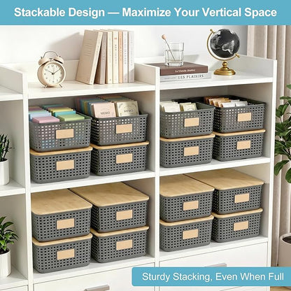 Bagnizer 4 Pack Plastic Storage Bins with Bamboo Lids, 6.2qt Stackable Storage Organizer Box with Lable for Pantry Shelves Drawers Desktop Office, 12"L x 8.3"W x 3.5"H, Gray