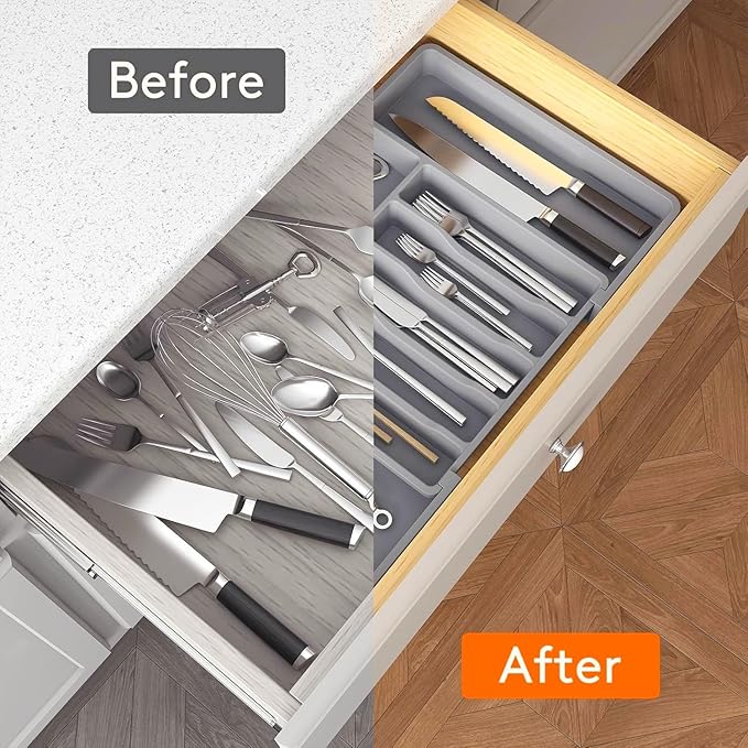 YWHWXB Silverware Drawer Organizer,Expandable Utensil Tray,Large Kitchen Drawer Organizer,Adjustable Plastic Flatware Organizer for Flatware Cutlery Spoon Knives Drawer Storage Organization (Grey)