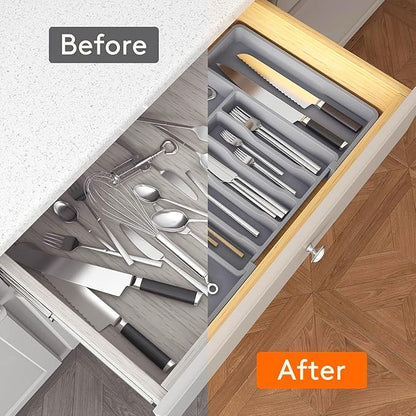 YWHWXB Silverware Drawer Organizer,Expandable Utensil Tray,Large Kitchen Drawer Organizer,Adjustable Plastic Flatware Organizer for Flatware Cutlery Spoon Knives Drawer Storage Organization (Grey)