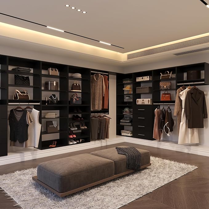 Modular Closet System, 46" Wide Closet Organizer System with Towers and Hanging, Wood Closet Tower Storage for Walk In Closets, Wall Mounted Wardrobe Organizer Kit System, Bedroom, Black