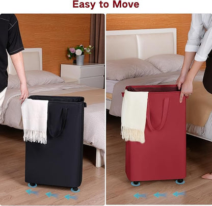 efluky Slim Laundry Hamper with Wheels, Rolling Laundry Basket for Clothes, Small Laundry Basket for Bedroom, Dorm and Laundry Room, 75L (19.8 Gallons) Burgundy Red